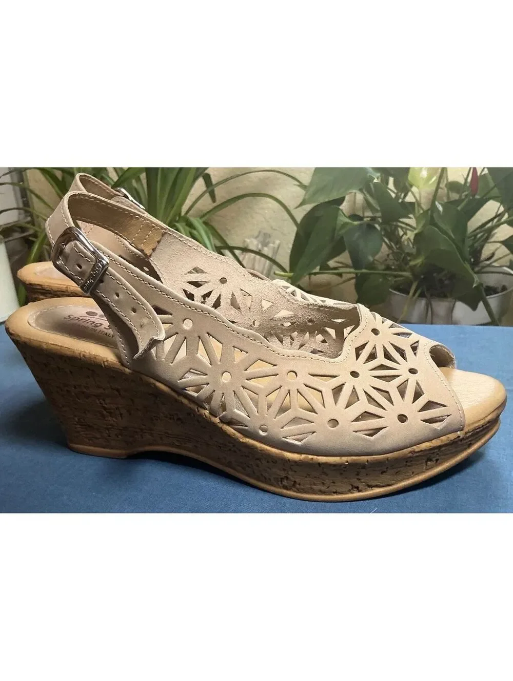 Spring Step Leather Sandals Women's Size 38 US 7.5 Beige Wedge Comfort Open Toe